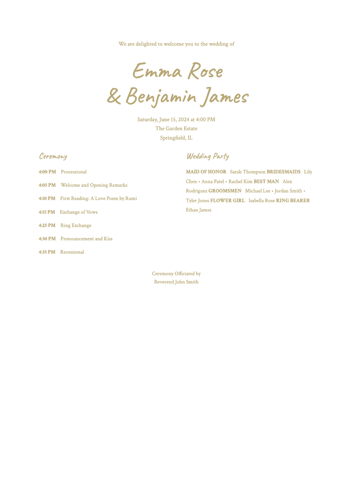 Elegant wedding program with green leaf border and gold script typography_variant_3